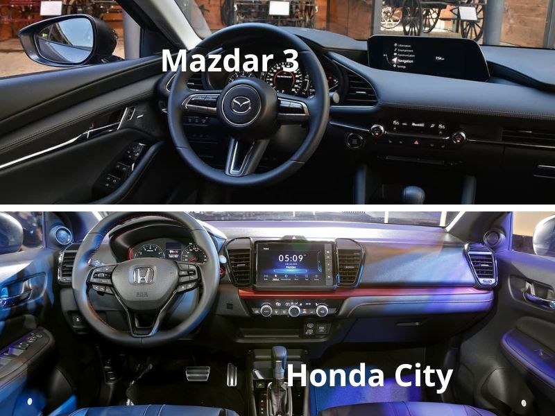 Khoang lái của Mazda 3 và Honda City